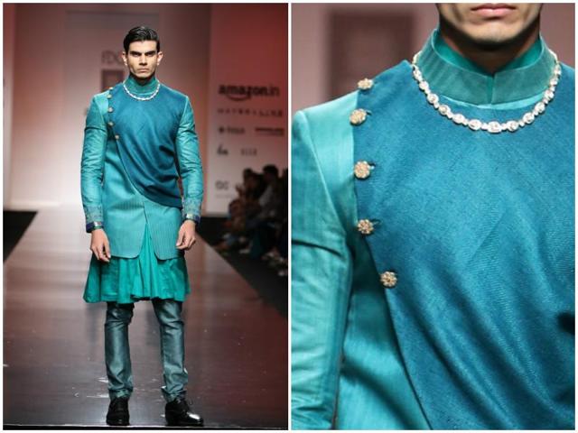 Guys can rock colour too. Blue takes on many moods in this layered ensemble by Virtues by Viral, Ashish & Vikrant. (Raajessh Kashyap/ Hindustan Times) 
