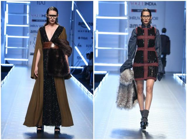Left: For a glam winter, this flowy dress makes the cut. Liquid, dark shine blends with the toffee tan hue beautifully at Dhruv Kapoor; right: Here’s some more shine-high glamour, adorned with signature sleeves at Dhruv Kapoor. (Raajessh Kashyap/ Hindustan Times) 