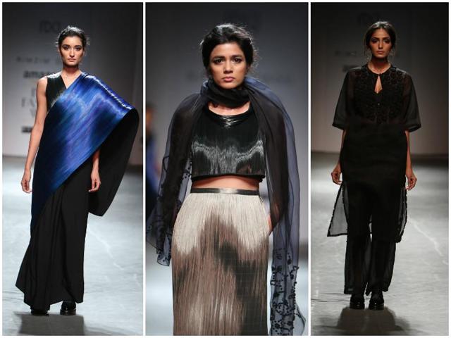 Right: Time to do your drape differently. Would you wear this Rimzim Dadu sari to a wedding; Middle: The colour pool at Rimzim Dadu was made of autumnal greys, with a dash of velvety gloss; Left: Some moody layering took on the ramp at Rimzim Dadu. Love the sneaky keyhole neckline. (Raajessh Kashyap/ Hindustan Times) 
