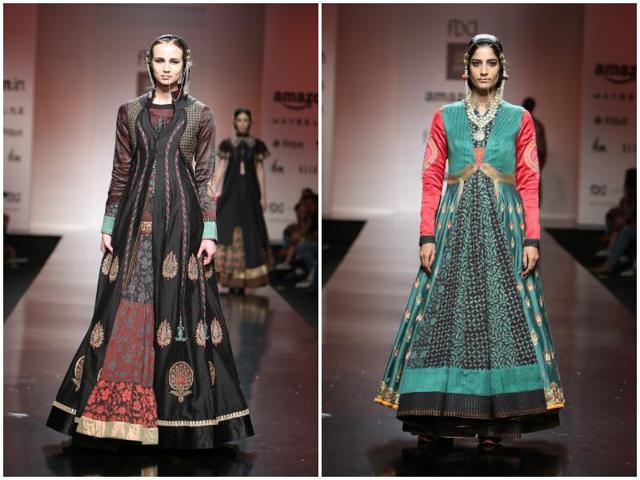 Left: The anarkali makes a stylish entry on the runway for an autumn’s day, at Virtues by Viral, Ashish & Vikrant; right: What about a winter’s day at a wedding, ladies. Turquoise and red play stylishly in this ensemble by Virtues by Viral, Ashish & Vikrant. (Raajessh Kashyap/ Hindustan Times) 