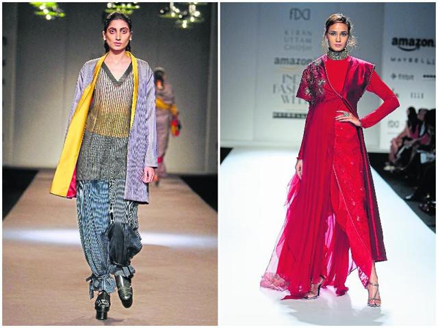 Left: For winter, stock up on handwoven and merino wool pieces to give your wardrobe a refined touch like this Gaurav Jai Gupta piece. Right: Varied lengths, cuts and shapes juxtaposed to add dimension to ethnicwear in this Kiran Uttam Ghosh creation. (HT PHotos) Left: For winter, stock up on handwoven and merino wool pieces to give your wardrobe a refined touch like this Gaurav Jai Gupta piece. Right: Varied lengths, cuts and shapes juxtaposed to add dimension to ethnicwear in this Kiran Uttam Ghosh creation. (HT PHotos)