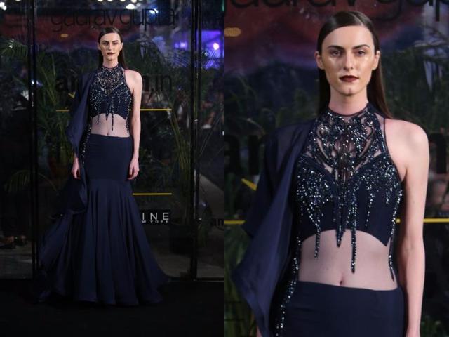 Midnight blues were highlighted with melting shimmers at Gaurav Gupta. (Raajessh Kashyap/HT Photo) Midnight blues were highlighted with melting shimmers at Gaurav Gupta. (Raajessh Kashyap/HT Photo)