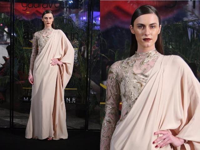 Grecian drapes in silken champagne rose hues also made up Gaurav Gupta’s collection. (Raajessh Kashyap/HT Photo) Grecian drapes in silken champagne rose hues also made up Gaurav Gupta’s collection. (Raajessh Kashyap/HT Photo)