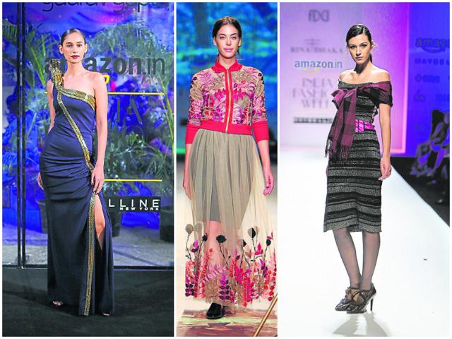 Left: Gaurav Gupta closed Day 1 with his collection, Melt. Signature sheers, cocktail dresses and a play with classic black and gold marked the collection; Middle: Varun Bahl return to prêt saw florals and flowy sheer skirts for autumn; Right: Rina Dhaka’s collection was high on knitted dresses and subtle sheen for autumn. (HT Photo/RAAJESSH KASHYAP)