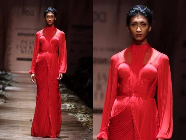 A fiery shade of red was the only colour that stood apart on Shantanu-Nikhil’s runway. (Raajessh Kashyap/HT Photo) A fiery shade of red was the only colour that stood apart on Shantanu-Nikhil’s runway. (Raajessh Kashyap/HT Photo)