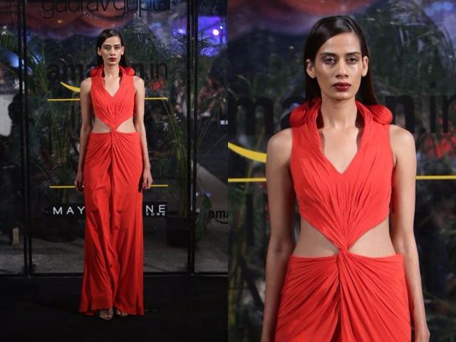Cut-outs at the waist added glamour to Gaurav Gupta’s showcase. (Raajessh Kashyap/HT Photo) Cut-outs at the waist added glamour to Gaurav Gupta’s showcase. (Raajessh Kashyap/HT Photo)