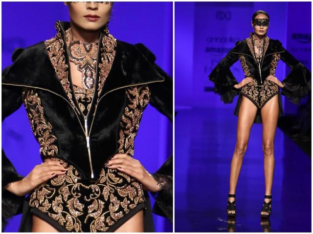 Legs for days! At the Annaika showcase, a model walks down the ramp in a maillot-style dress. (Raajessh Kashyap/ Hindustan Times) 