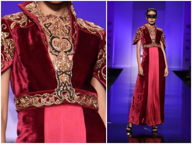 Burgundy-dripped velvets make an appearance at Annaika, as lace-band blinders make for an interesting accessory. (Raajessh Kashyap/ Hindustan Times) 