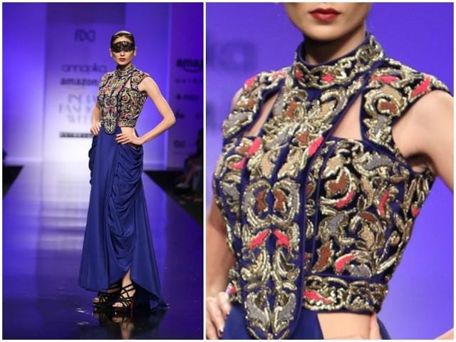 The sari drape gets an update at the Annaika showcase. (Raajessh Kashyap/ Hindustan Times) 