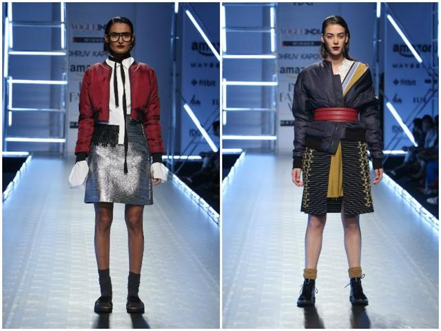 Left: Different worlds melted into one another at Dhruv Kapoor. The Chantilly-lace style waistline caught our eye; right: Dhruv Kapoor teaches us stylish layering with denim hues and cinched waists. (Raajessh Kashyap/ Hindustan Times) 
