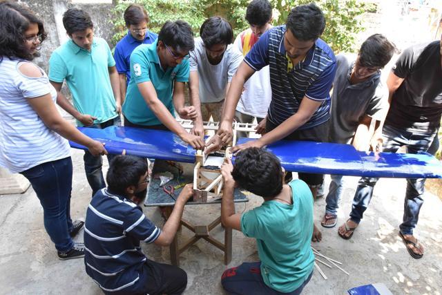 Students of DJ Sanghvi College of Engineering building an aircraft at the Indian Aeromodellers Club in Virar (Pratham Gokhale/HT)