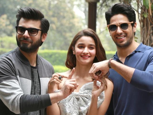 Alia Bhatt, Fawad Khan and Sidharth Malhotra during a press conference.(IANS)