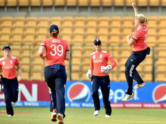 English women’s team members congratulate each other after winning their ICC World T20 match against Bangladesh at Chinnaswamy Stadium in Bengaluru on March 17, 2016. (PTI Photo) English women’s team members congratulate each other after winning their ICC World T20 match against Bangladesh at Chinnaswamy Stadium in Bengaluru on March 17, 2016. (PTI Photo)