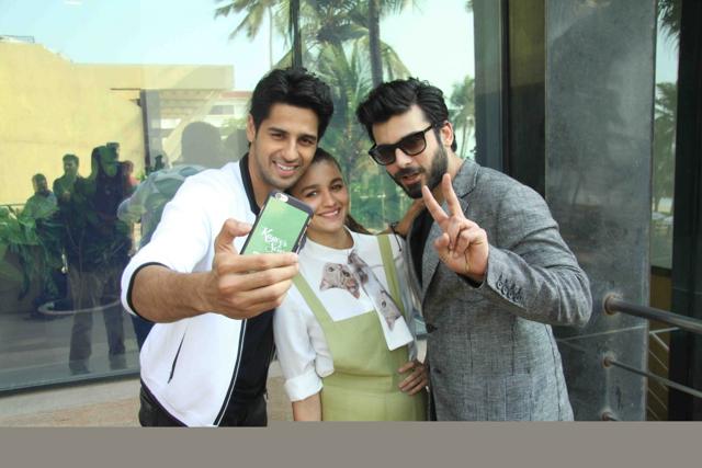 Sidharth Malhotra, Alia Bhatt and Fawad Khan clicking a selfie during promotions. (IANS) Sidharth Malhotra, Alia Bhatt and Fawad Khan clicking a selfie during promotions. (IANS)