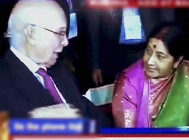 External affairs minister Sushma Swaraj with Pakistan’s foreign policy chiefSartaj Aziz during a dinner at the SAARC ministerial meeting in Pokhara, Nepal on Wednesday. (PTI) External affairs minister Sushma Swaraj with Pakistan’s foreign policy chiefSartaj Aziz during a dinner at the SAARC ministerial meeting in Pokhara, Nepal on Wednesday. (PTI)