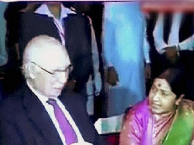 External affairs minister Sushma Swaraj with Pakistan’s foreign policy chief Sartaj Aziz at a dinner during the SAARC meeting in Pokhara, Nepal on Wednesday. (PTI) External affairs minister Sushma Swaraj with Pakistan’s foreign policy chief Sartaj Aziz at a dinner during the SAARC meeting in Pokhara, Nepal on Wednesday. (PTI)