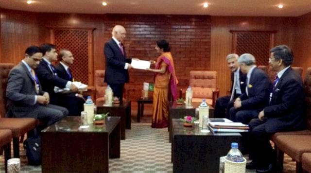Pakistan's foreign affairs minister Sartaj Aziz hands over the invitation for PM Modi to attend the ongoing Saarc summit, to Sushma Swaraj in Pokhara on Thursday. (PTI) Pakistan's foreign affairs minister Sartaj Aziz hands over the invitation for PM Modi to attend the ongoing Saarc summit, to Sushma Swaraj in Pokhara on Thursday. (PTI)