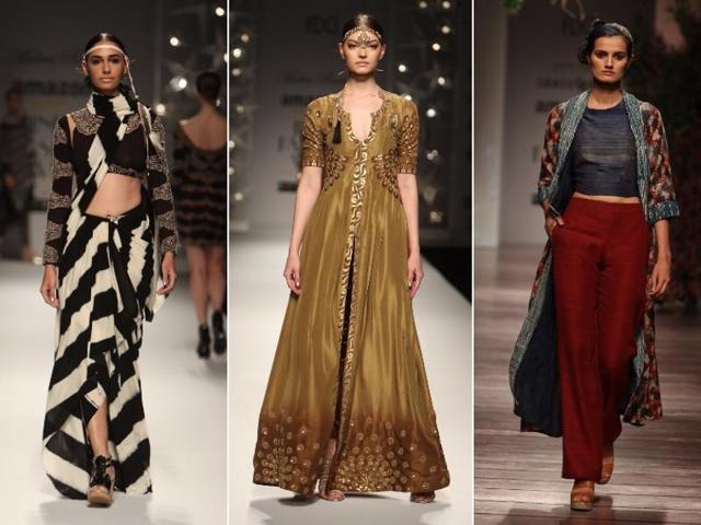 L to R: Monochrome sari with an interesting drape at Malini Ramani’s show, a gown accessorised with a mathapatti at Malini Ramani’s show and colour blocking at designer Anita Dongre’s show. (Raajessh Kashyap/ Hindustan Times) 