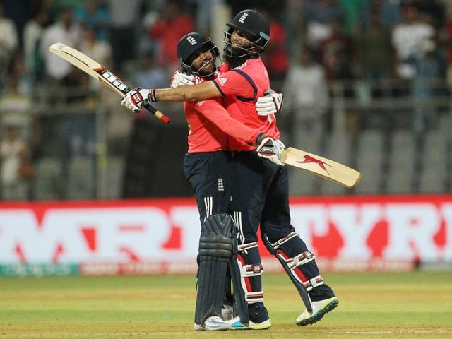 England's Adil Rashid, left, celebrates with Moeen Ali after the winning runs were hit. (AP) England's Adil Rashid, left, celebrates with Moeen Ali after the winning runs were hit. (AP)