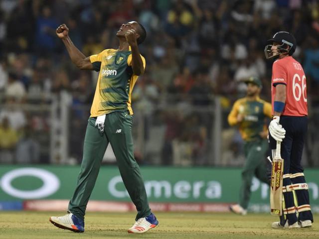 Kagiso Rabada of South Africa celebrates after taking the wicket of Englands’ Ben Stokes. (Anshuman Poyrekar/HT Photo) Kagiso Rabada of South Africa celebrates after taking the wicket of Englands’ Ben Stokes. (Anshuman Poyrekar/HT Photo)