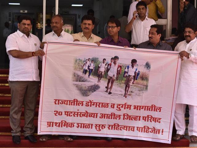 Shiv Sena MLAs demand compulsory school education for children living in hilly regions, at Vidhan Bhavan. (Kunal Patil) Shiv Sena MLAs demand compulsory school education for children living in hilly regions, at Vidhan Bhavan. (Kunal Patil)