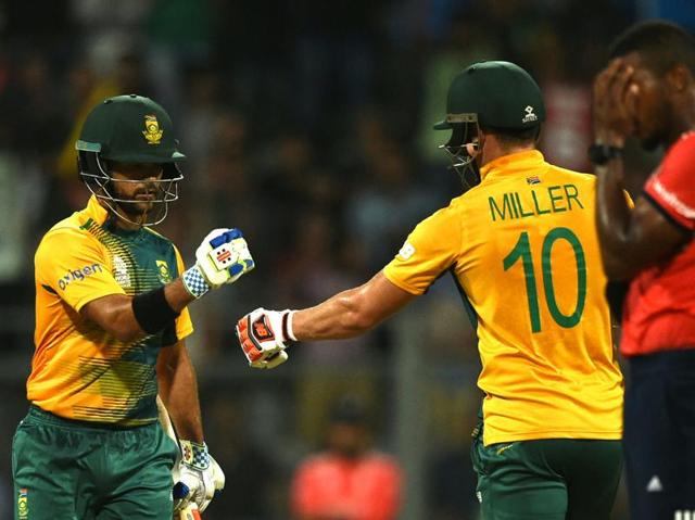South Africa's JP Duminy(L) and teammate David Miller(C) celebrate a boundary as England's Chris Jordan(R) reacts. (AFP) South Africa's JP Duminy(L) and teammate David Miller(C) celebrate a boundary as England's Chris Jordan(R) reacts. (AFP)