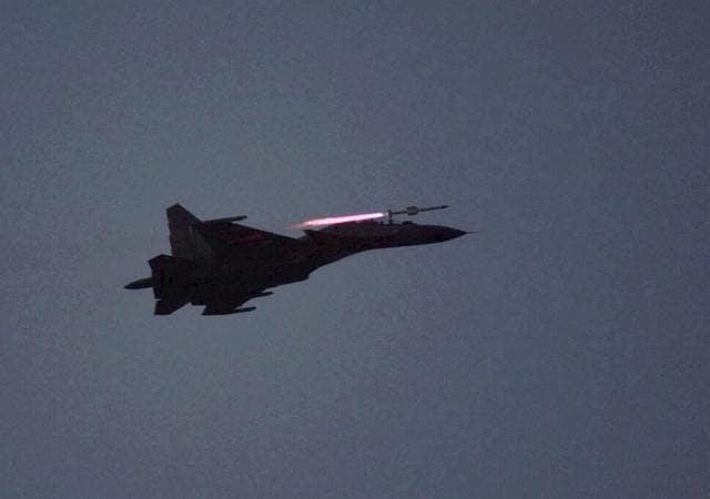 Indian Air Force's fighter aircraft Sukhoi30 demonstrates in Pokhran on Friday. (PTI Photo) Indian Air Force's fighter aircraft Sukhoi30 demonstrates in Pokhran on Friday. (PTI Photo)