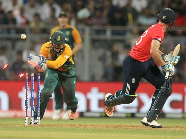 South Africa's Quinton de Kock, left, stumps England's Jos Buttler. (AP) South Africa's Quinton de Kock, left, stumps England's Jos Buttler. (AP)