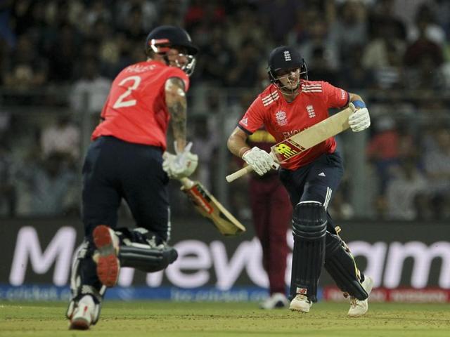 England's Joe Root left, and Alex Hales take a run against West Indies during their ICC World Twenty20 match at the Wankhede stadium in Mumbai on March 16. (AP) England's Joe Root left, and Alex Hales take a run against West Indies during their ICC World Twenty20 match at the Wankhede stadium in Mumbai on March 16. (AP)