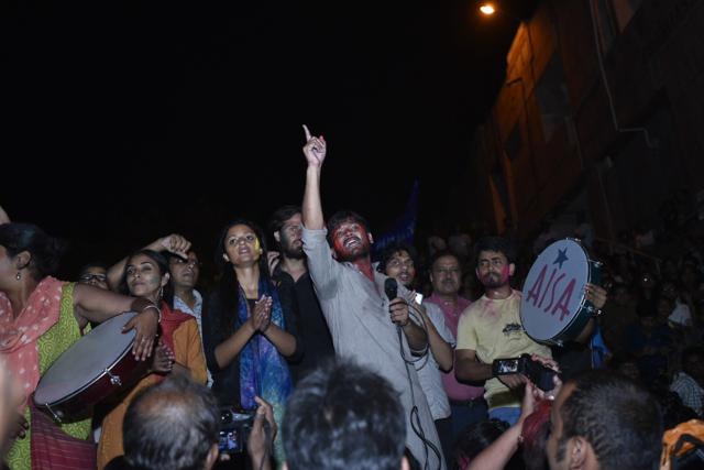 Kanhaiya Kumar along with other JNU students cheer during a rally after the release Umar Khalid and Anirban from Tihar Jail in New Delhi on Friday. (Arun Sharma/ HT Photo) Kanhaiya Kumar along with other JNU students cheer during a rally after the release Umar Khalid and Anirban from Tihar Jail in New Delhi on Friday. (Arun Sharma/ HT Photo)
