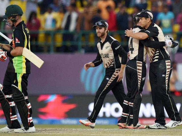 New Zealand players celebrate after winning their T20 World Cup 2016 match. (PTI Photo) 