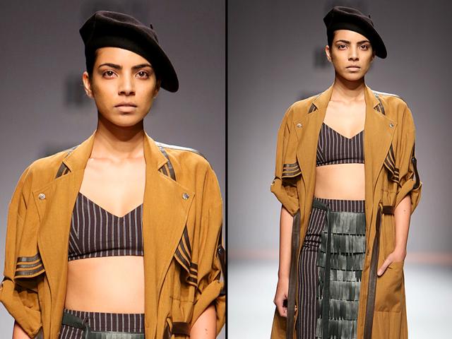The cropped blouse can’t be skipped in autumn. Ikai proves that toffee tans can turn any look around. (Raajeesh Kashyap/Hindustan Times)