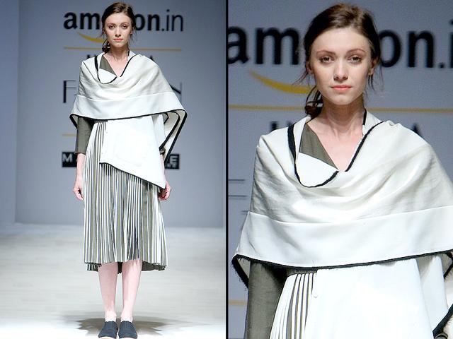 Three dimensional knife pleats stood out in this look by Bodice. (Raajeesh Kashyap/Hindustan Times)