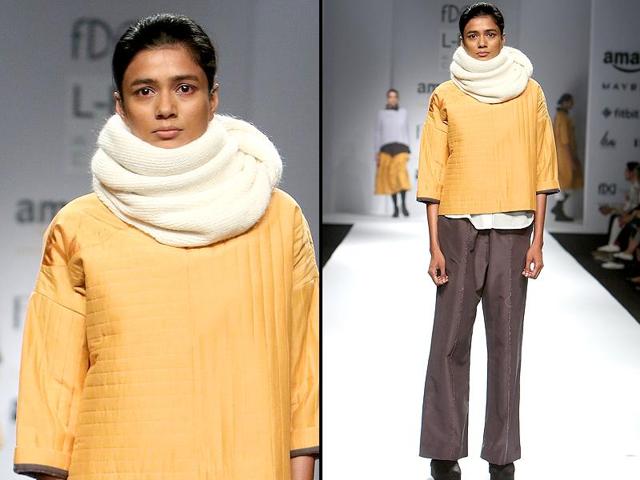 For winters, the snood-neck is bound to keep you stylishly warm. Take your cue from Love Bird runway. (Raajeesh Kashyap/Hindustan Times)