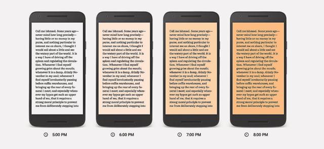 The Google Play books showcase blue-light reduction at different times