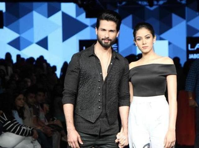 Shahid Kapoor with wife Meera Rajput displays Masaba Gupta collection during the Lakme Fashion Week Winter Festival. (IANS) Shahid Kapoor with wife Meera Rajput displays Masaba Gupta collection during the Lakme Fashion Week Winter Festival. (IANS)