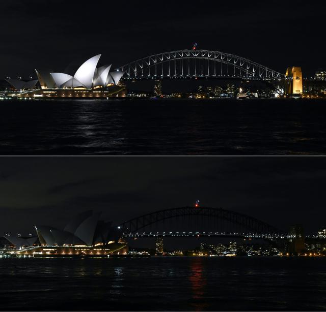 This combination photo created on March 19, 2016 shows Australia's iconic Sydney Opera House and Harbour Bridge before (TOP) and during (BOTTOM) the Earth Hour campaign as lights are switched off in Sydney. (AFP Photo) This combination photo created on March 19, 2016 shows Australia's iconic Sydney Opera House and Harbour Bridge before (TOP) and during (BOTTOM) the Earth Hour campaign as lights are switched off in Sydney. (AFP Photo)