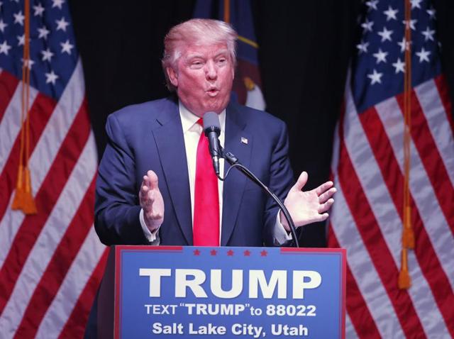 Republican presidential candidate Donald Trump at a campaign rally in Salt Lake City, Utah, on Friday. (AFP) Republican presidential candidate Donald Trump at a campaign rally in Salt Lake City, Utah, on Friday. (AFP)