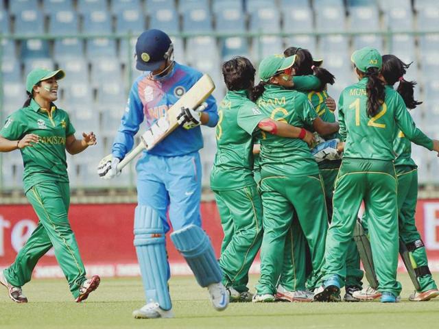 Pakistani women's cricket team celebrates the wicket of India's Smriti Vandhana during the World T20 match. (PTI Photo)