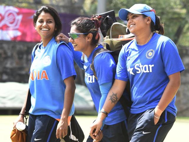 Indian women’s cricket team members Mithali Raj (C), Rajeshwari Gayakwad (L) and Veda Krishnamurthy during practice ahead of their ICC World T20 match against Pakistan at Feroz Shah Kotla in New Delhi. (Mohd Zakir/HT Photo) Indian women’s cricket team members Mithali Raj (C), Rajeshwari Gayakwad (L) and Veda Krishnamurthy during practice ahead of their ICC World T20 match against Pakistan at Feroz Shah Kotla in New Delhi. (Mohd Zakir/HT Photo)