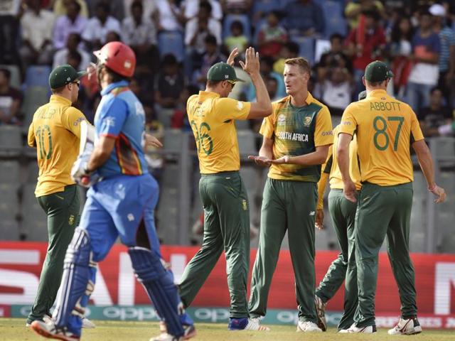 Chris Morris of South Africa celebrates after taking the wicket of Afghanistan captain Asghar Stanikzai. (Anshuman Poyrekar/HT Photo) Chris Morris of South Africa celebrates after taking the wicket of Afghanistan captain Asghar Stanikzai. (Anshuman Poyrekar/HT Photo)
