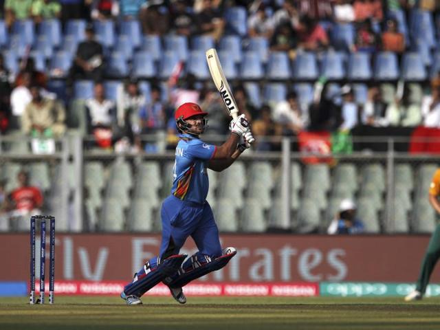 Afghanistan’s Gulbadin Naib hits a shot. (AP) Afghanistan’s Gulbadin Naib hits a shot. (AP)