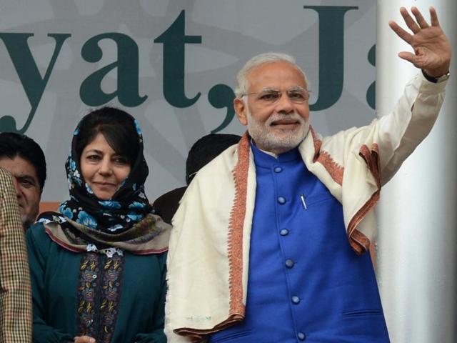 Prime Minister Narendra Modi with Peoples Democratic Party (PDP) leader Mehbooba Mufty during a rally in Jammu and Kashmir. (AFP File Photo) Prime Minister Narendra Modi with Peoples Democratic Party (PDP) leader Mehbooba Mufty during a rally in Jammu and Kashmir. (AFP File Photo)