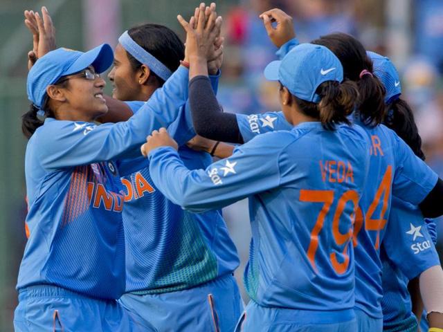 Indians celebrate the wicket of Pakistan’s Nahida Khan during their ICC Women's Twenty20 2016 Cricket World Cup match in New Delhi. (AP Photo)