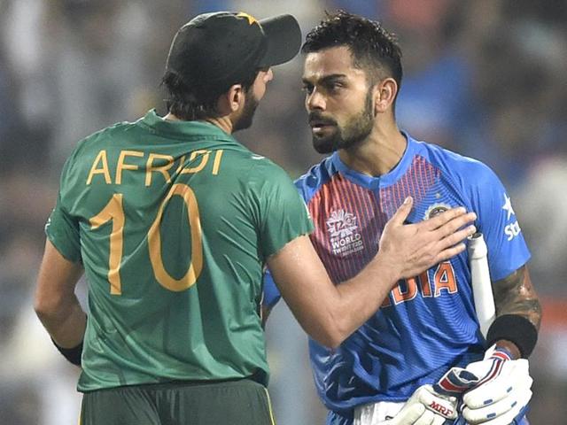 Virat Kohli congratulated by Pakistan team captain Shahid Afridi during ICC World Twenty20 contest between India and Pakistan at Eden Gardens. (Ajay Aggarwal/HT PHoto) Virat Kohli congratulated by Pakistan team captain Shahid Afridi during ICC World Twenty20 contest between India and Pakistan at Eden Gardens. (Ajay Aggarwal/HT PHoto)