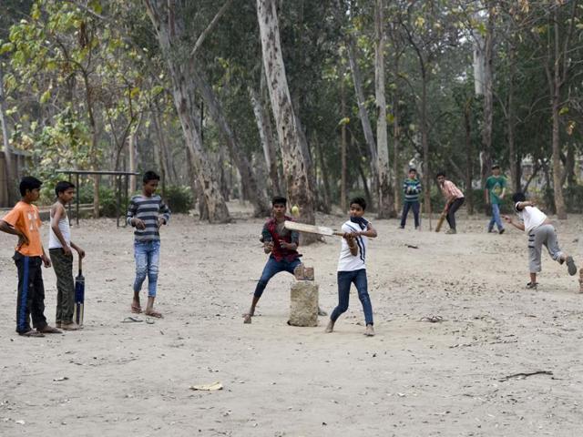 Children play cricket at a park in Mayur Vihar. (Ravi Choudhary/HT Photo)