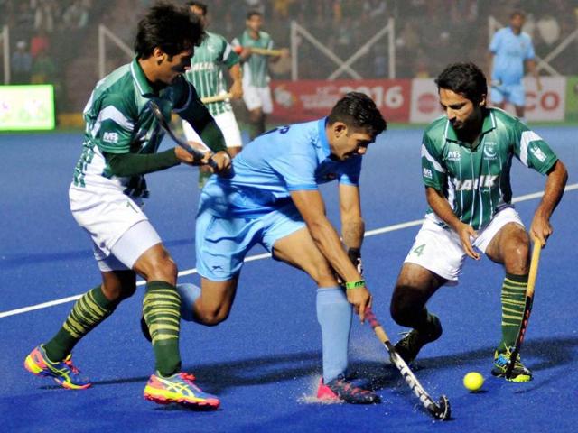 India and Pakistan men’s Hockey Team players in action during their hockey match. (PTI Photo) India and Pakistan men’s Hockey Team players in action during their hockey match. (PTI Photo)