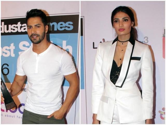 Varun Dhawan and Athiya Shetty were all about wearing whites on the red carpet. (Shakti Yadav/ Hindustan Times) Varun Dhawan and Athiya Shetty were all about wearing whites on the red carpet. (Shakti Yadav/ Hindustan Times)