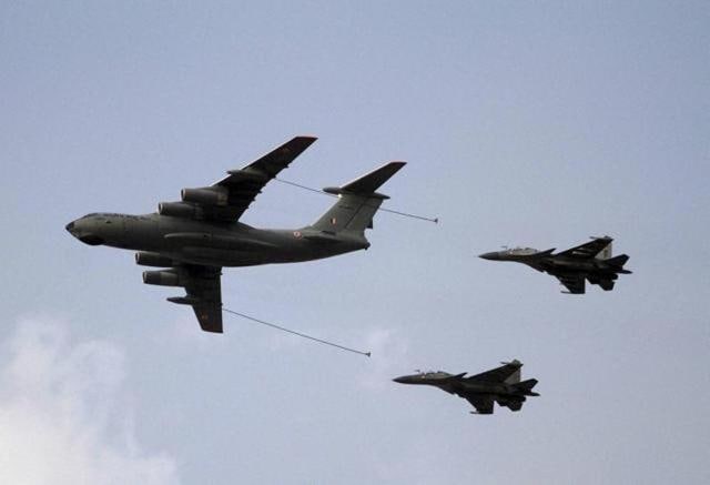 An Indian Air Force aircraft demonstrates mid-air refuelling capability. (PTI Photo) An Indian Air Force aircraft demonstrates mid-air refuelling capability. (PTI Photo)