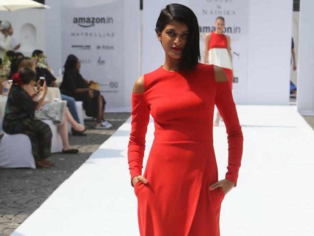 Designers Gauri and Nainika played it bold and edgy with cutout sleeves and hot red. (Raajessh Kashyap/HT) 